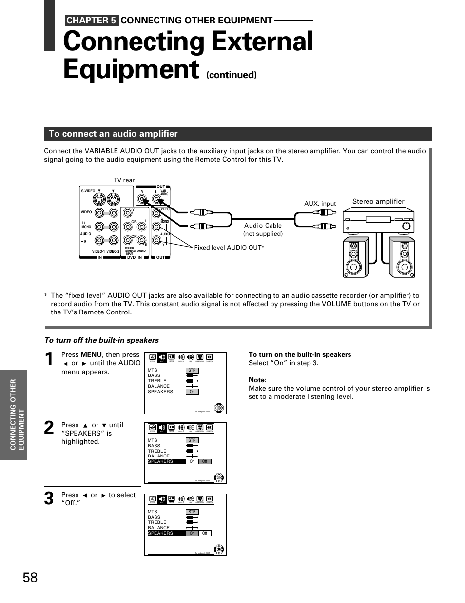 Audio amplifier, Connecting external equipment, Continued) | Chapter 5 connecting other equipment, Connecting other equipment, Stereo amplifier | Toshiba TP 50H60 User Manual | Page 58 / 63