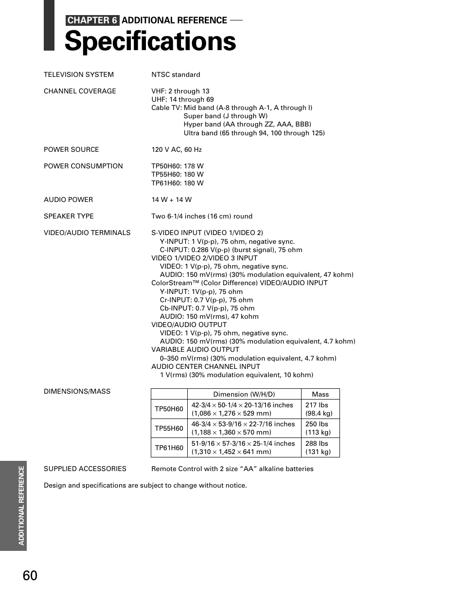 Additional reference, Specifications | Toshiba TP 50H60 User Manual | Page 60 / 63