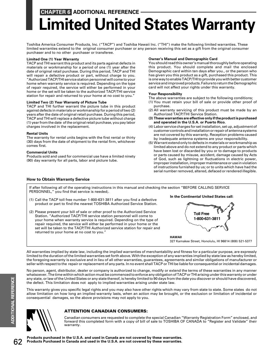 Limited warranty, Limited united states warranty, Chapter 6 additional reference | Toshiba TP 50H60 User Manual | Page 62 / 63