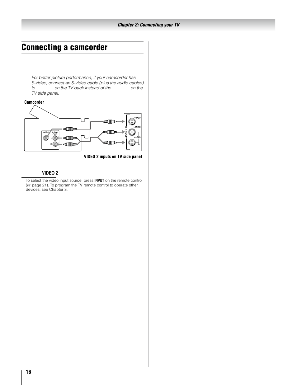 Connecting a camcorder | Toshiba 37AV52U User Manual | Page 16 / 62