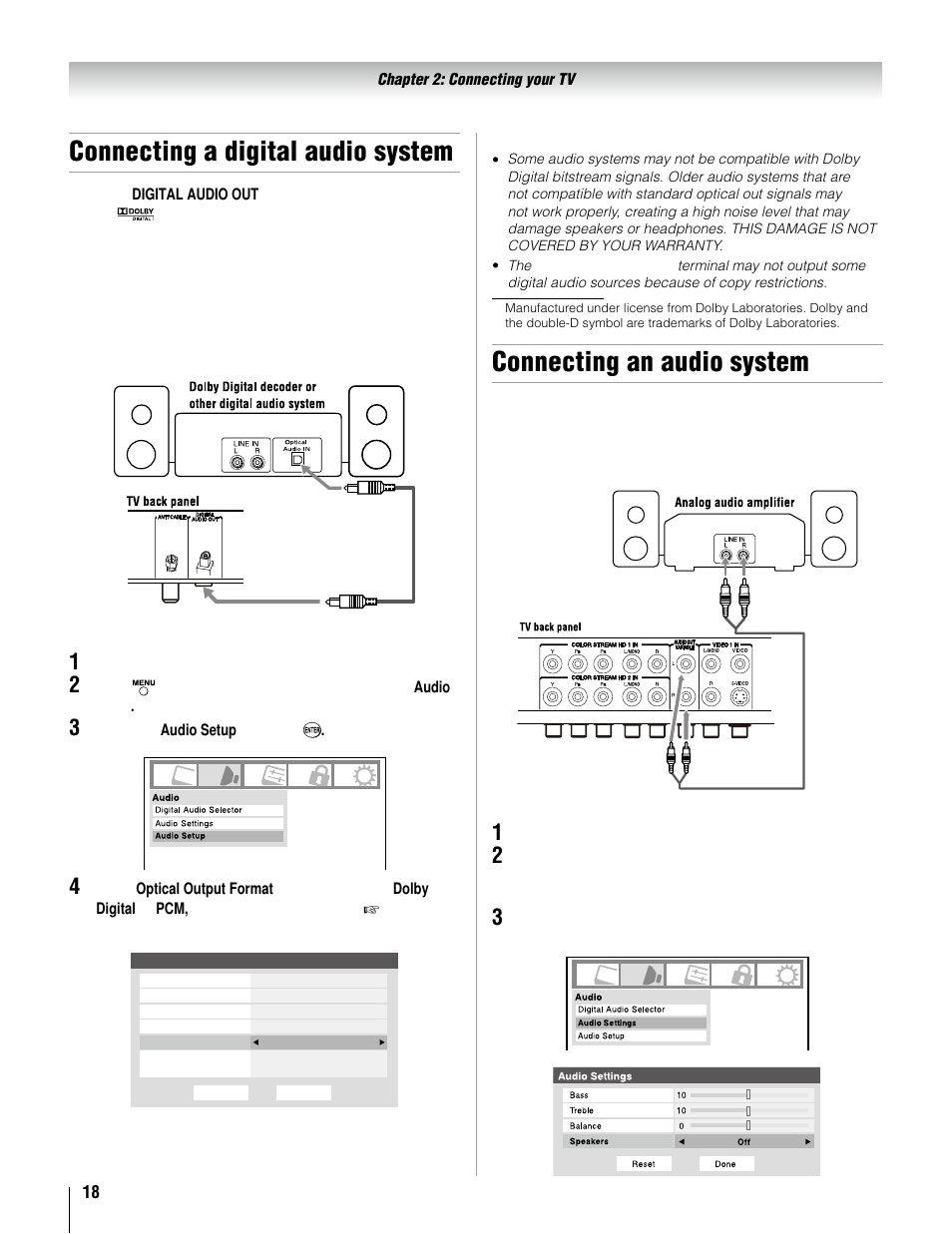 Connecting a digital audio system, Connecting an audio system, You will need | Toshiba 37AV52U User Manual | Page 18 / 62