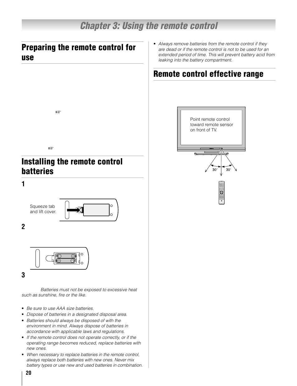 Chapter 3: using the remote control, Preparing the remote control for use, Installing the remote control batteries | Remote control effective range | Toshiba 37AV52U User Manual | Page 20 / 62