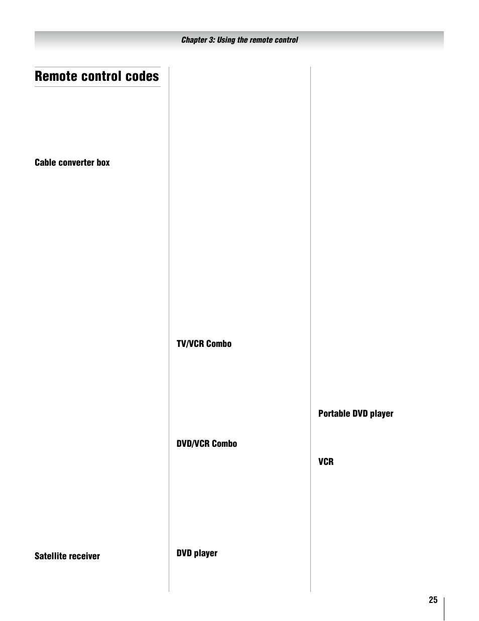Remote control codes, Cable converter box, Satellite receiver | Tv/vcr combo, Dvd/vcr combo, Dvd player, Portable dvd player | Toshiba 37AV52U User Manual | Page 25 / 62