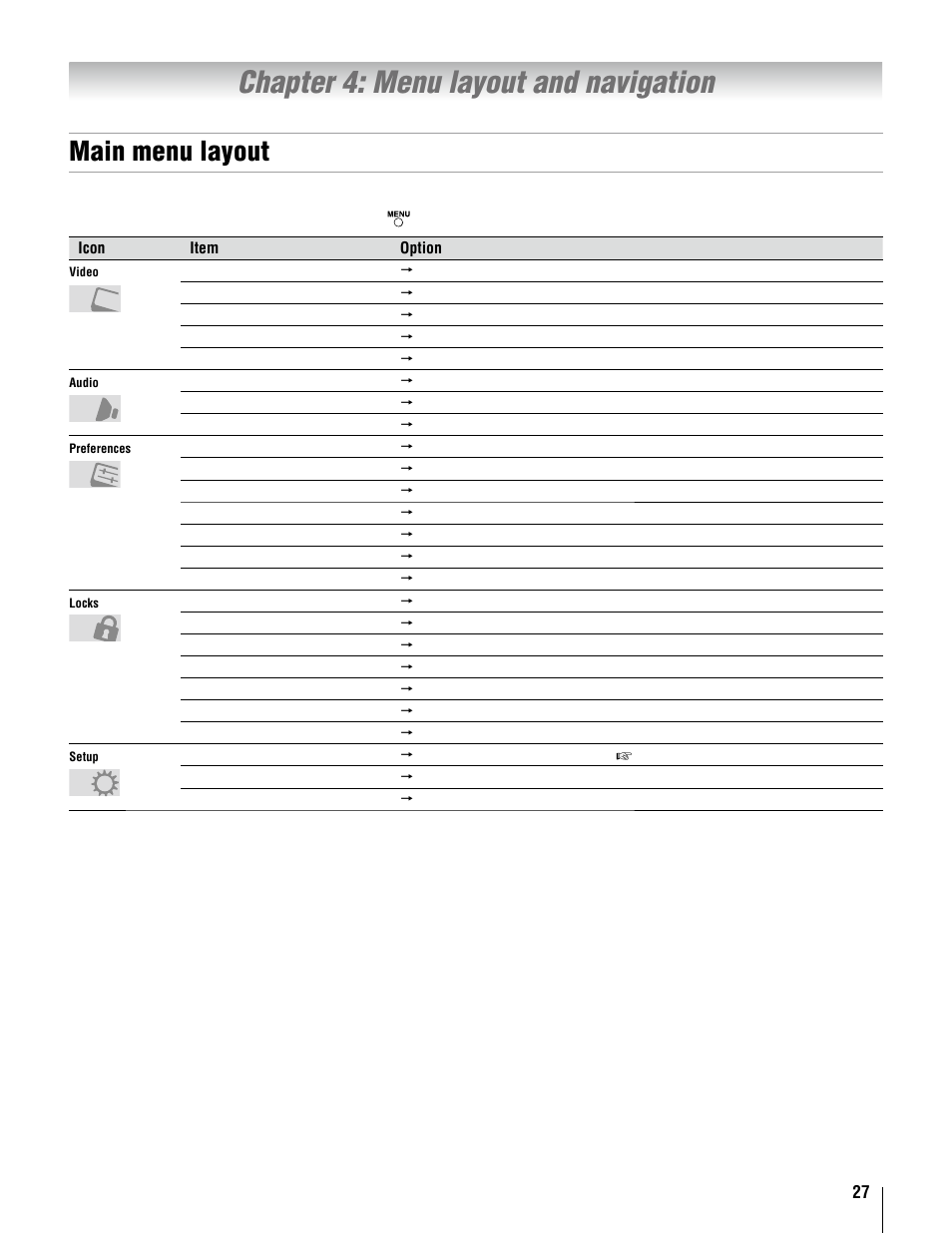 Chapter 4: menu layout and navigation, Main menu layout | Toshiba 37AV52U User Manual | Page 27 / 62
