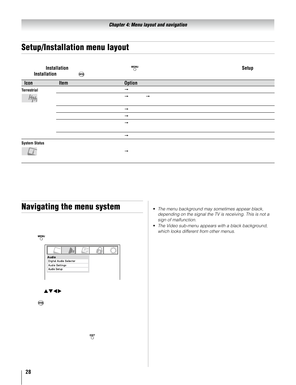 Setup/installation menu layout, Navigating the menu system | Toshiba 37AV52U User Manual | Page 28 / 62