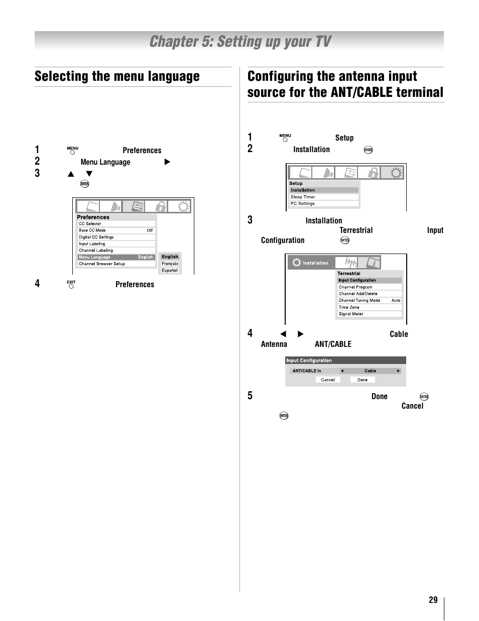 Chapter 5: setting up your tv, Selecting the menu language | Toshiba 37AV52U User Manual | Page 29 / 62