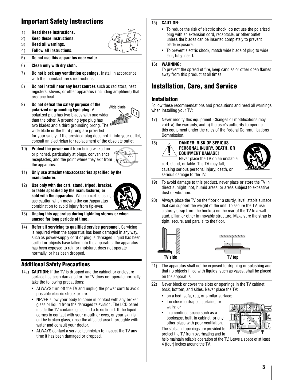Important safety instructions, Installation, care, and service, Additional safety precautions | Installation | Toshiba 37AV52U User Manual | Page 3 / 62
