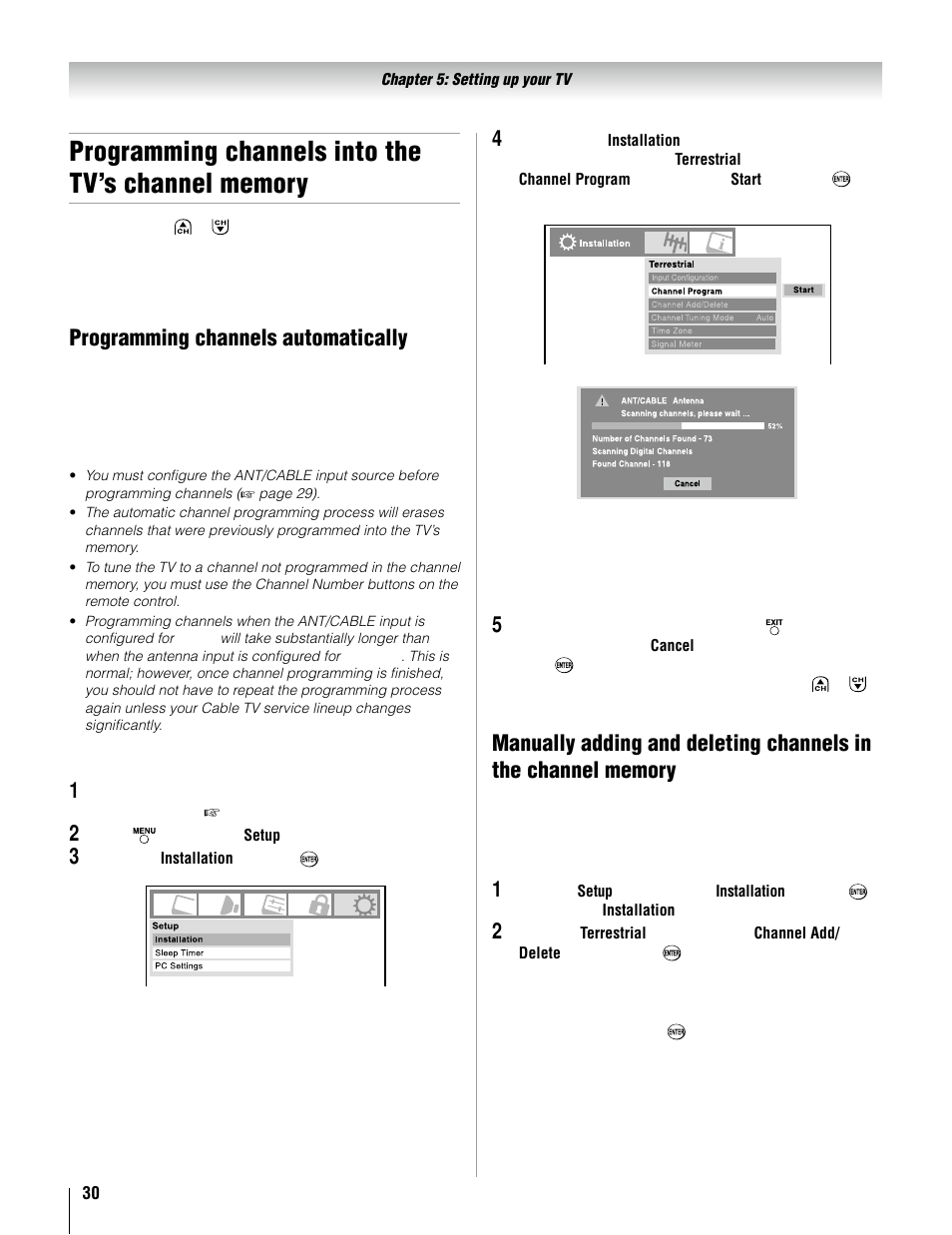Programming channels automatically | Toshiba 37AV52U User Manual | Page 30 / 62