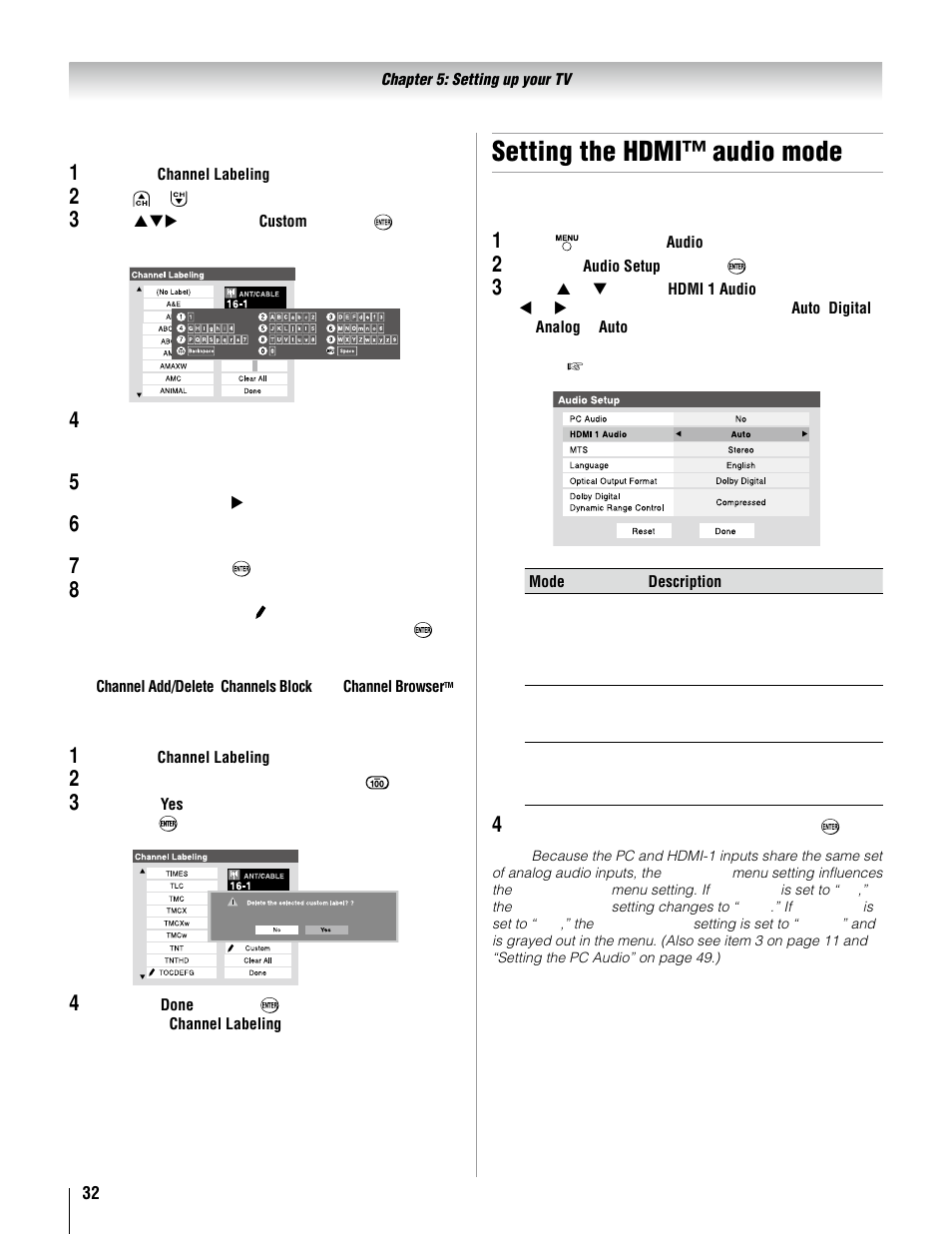 Setting the hdmi™ audio mode | Toshiba 37AV52U User Manual | Page 32 / 62