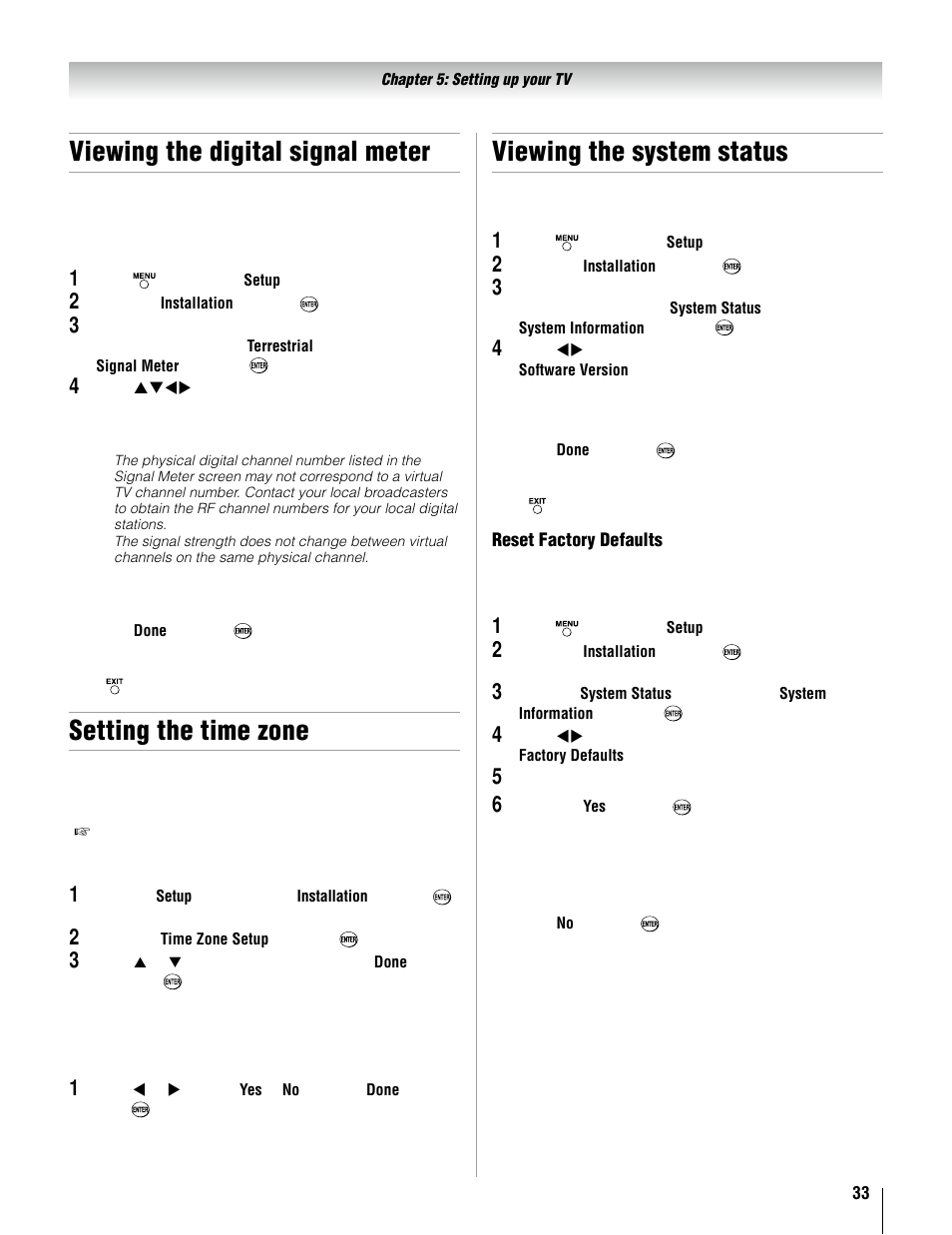 Viewing the digital signal meter, Setting the time zone, Viewing the system status | Toshiba 37AV52U User Manual | Page 33 / 62