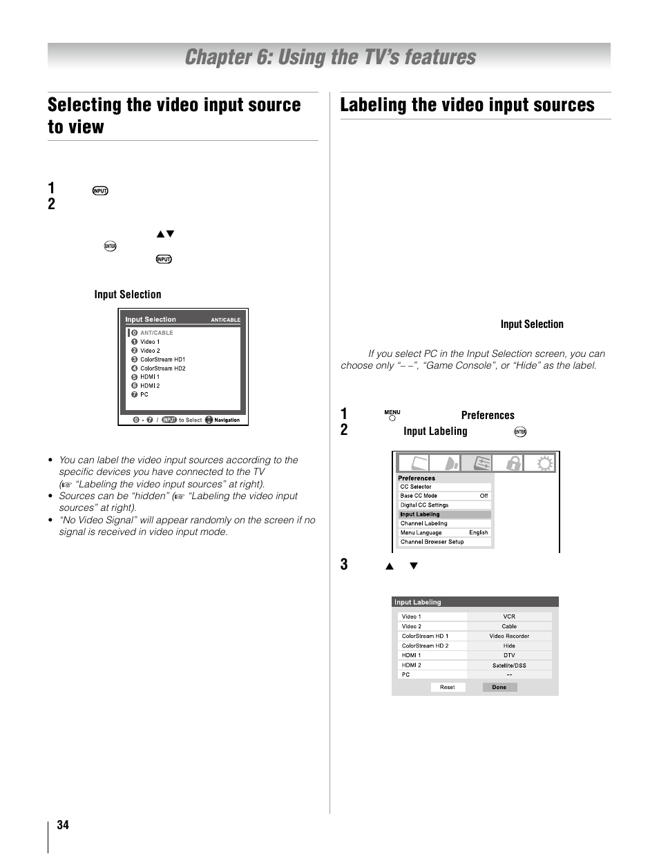 Chapter 6: using the tv’s features, Selecting the video input source to view, Labeling the video input sources | Toshiba 37AV52U User Manual | Page 34 / 62