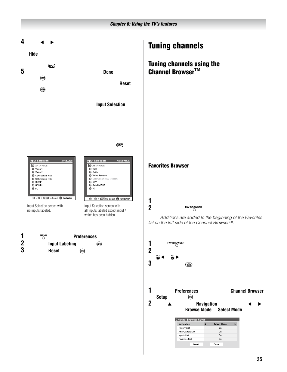 Tuning channels, Tuning channels using the channel browser | Toshiba 37AV52U User Manual | Page 35 / 62