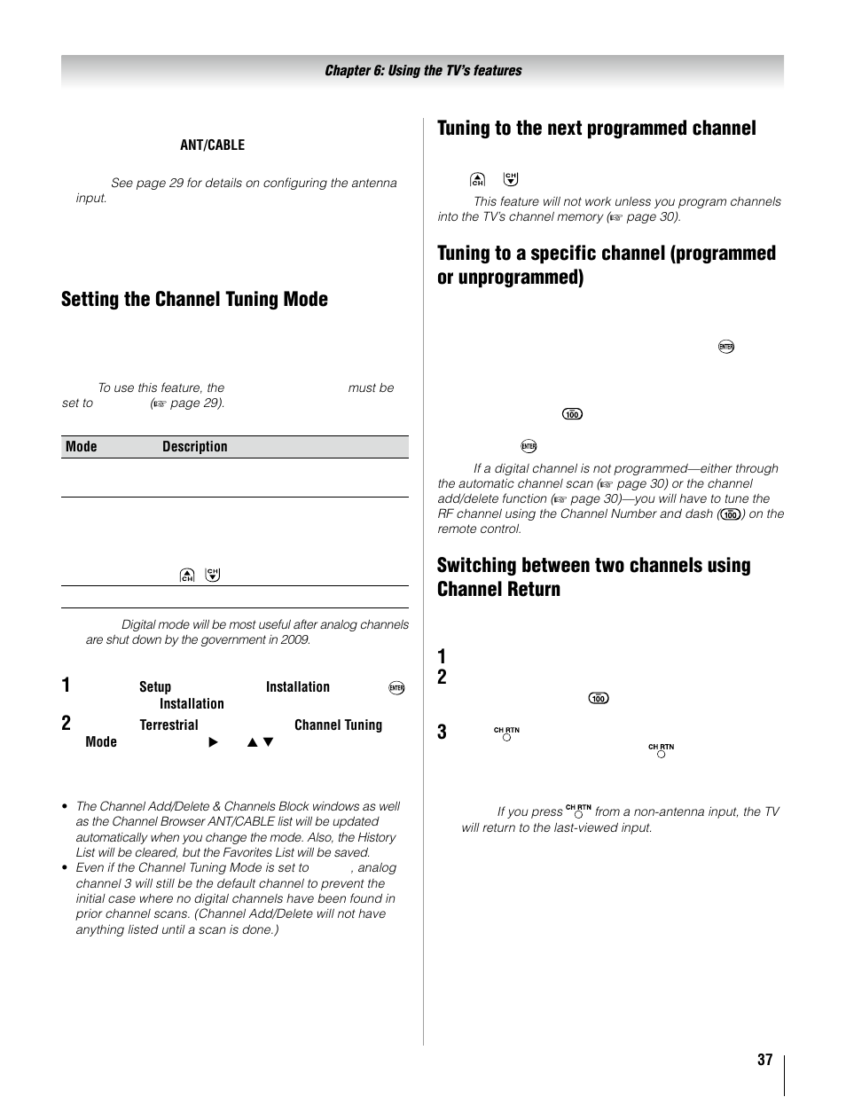 Setting the channel tuning mode, Tuning to the next programmed channel | Toshiba 37AV52U User Manual | Page 37 / 62