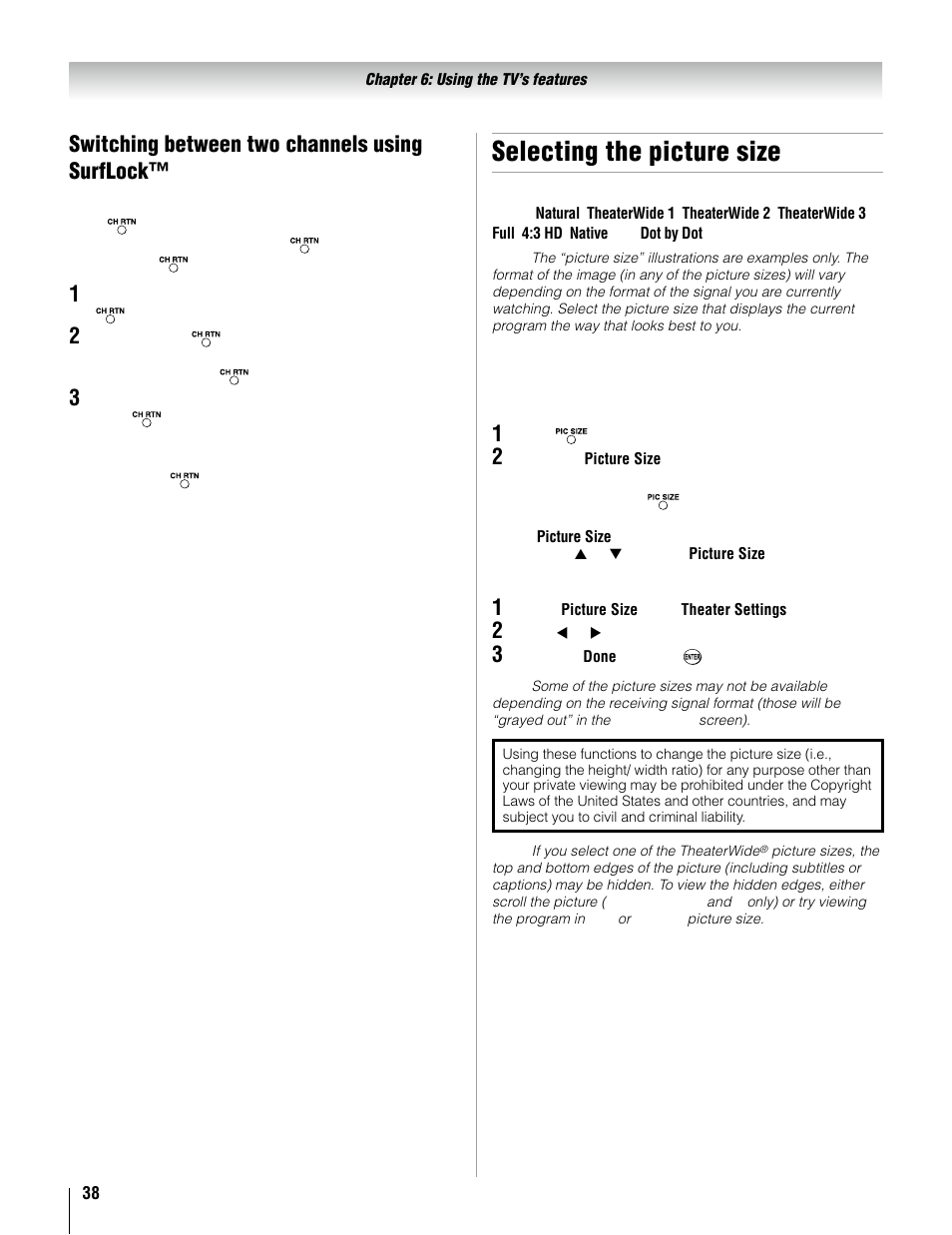 Selecting the picture size, Switching between two channels using surflock | Toshiba 37AV52U User Manual | Page 38 / 62