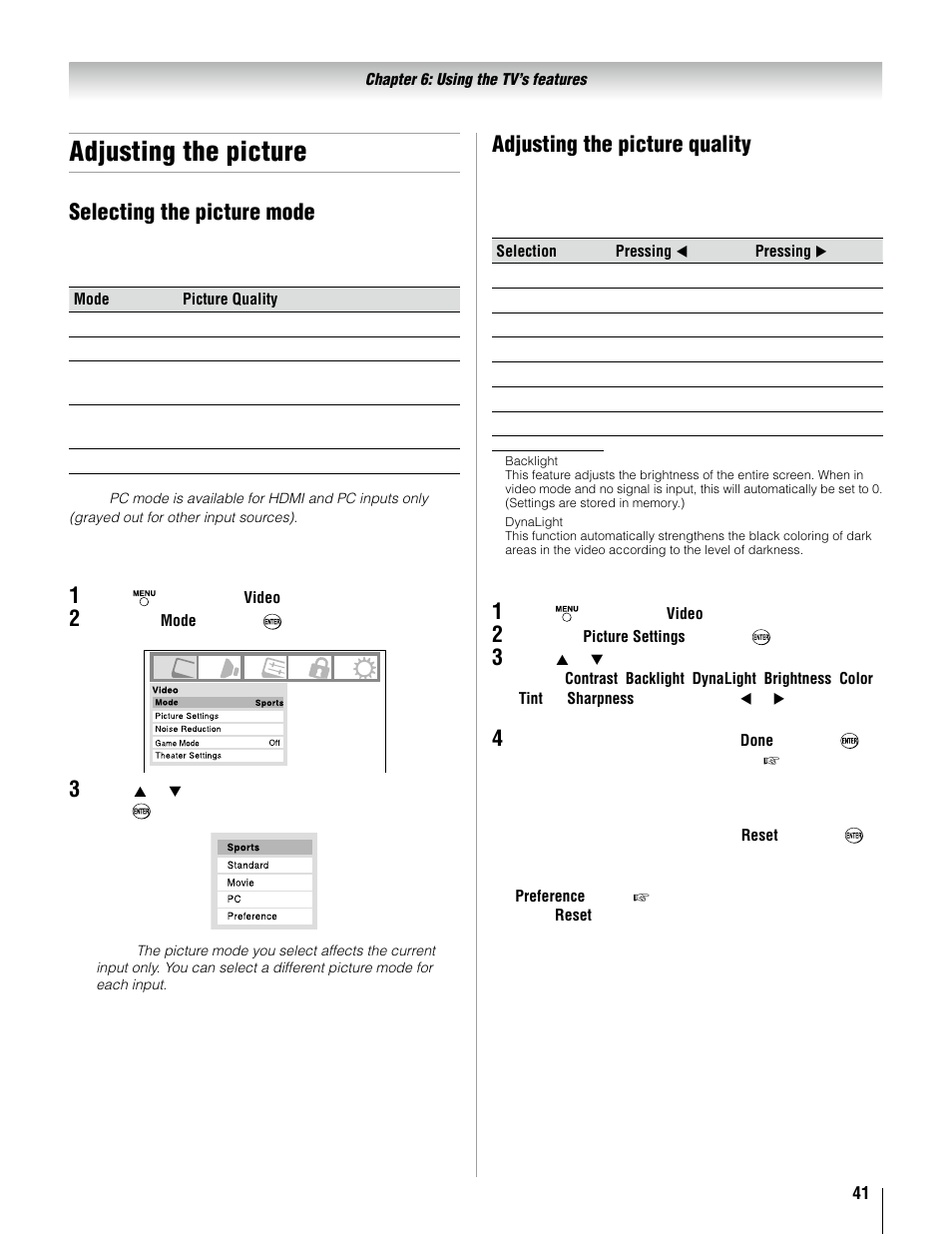 Adjusting the picture, Selecting the picture mode, 1� � � adjusting the picture quality | Toshiba 37AV52U User Manual | Page 41 / 62