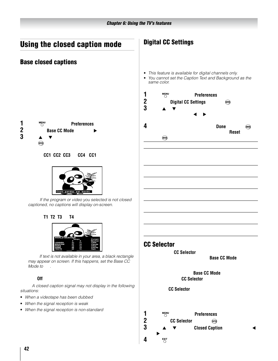 Using the closed caption mode, Base closed captions, Digital cc settings | Cc selector | Toshiba 37AV52U User Manual | Page 42 / 62