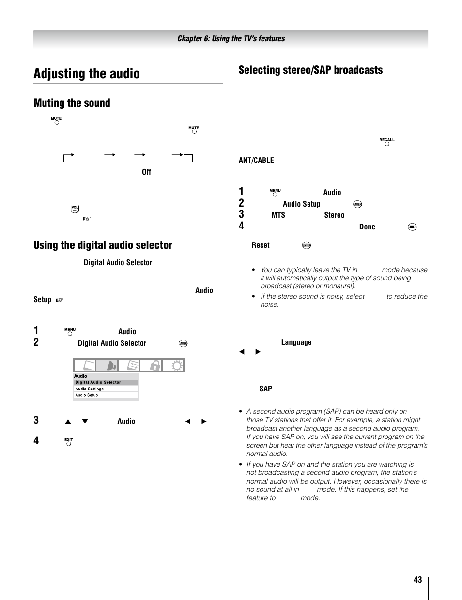 Adjusting the audio, Muting the sound, Using the digital audio selector | 1� � � � selecting stereo/sap broadcasts | Toshiba 37AV52U User Manual | Page 43 / 62