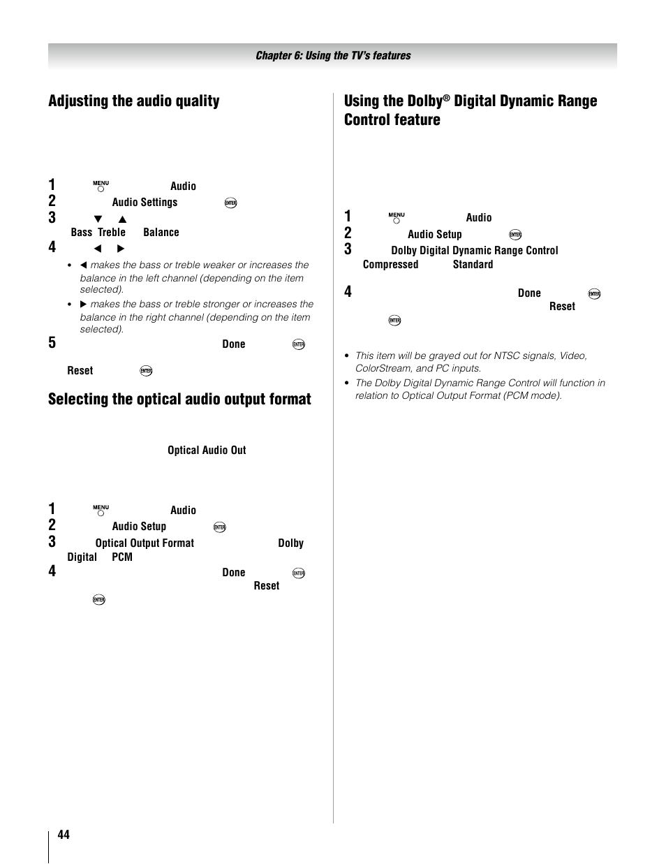 Adjusting the audio quality, Selecting the optical audio output format, 1� � � � using the dolby | Digital dynamic range control feature | Toshiba 37AV52U User Manual | Page 44 / 62