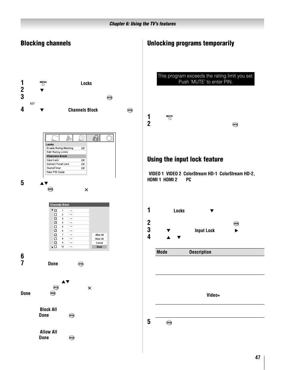 Blocking channels, Using the input lock feature | Toshiba 37AV52U User Manual | Page 47 / 62