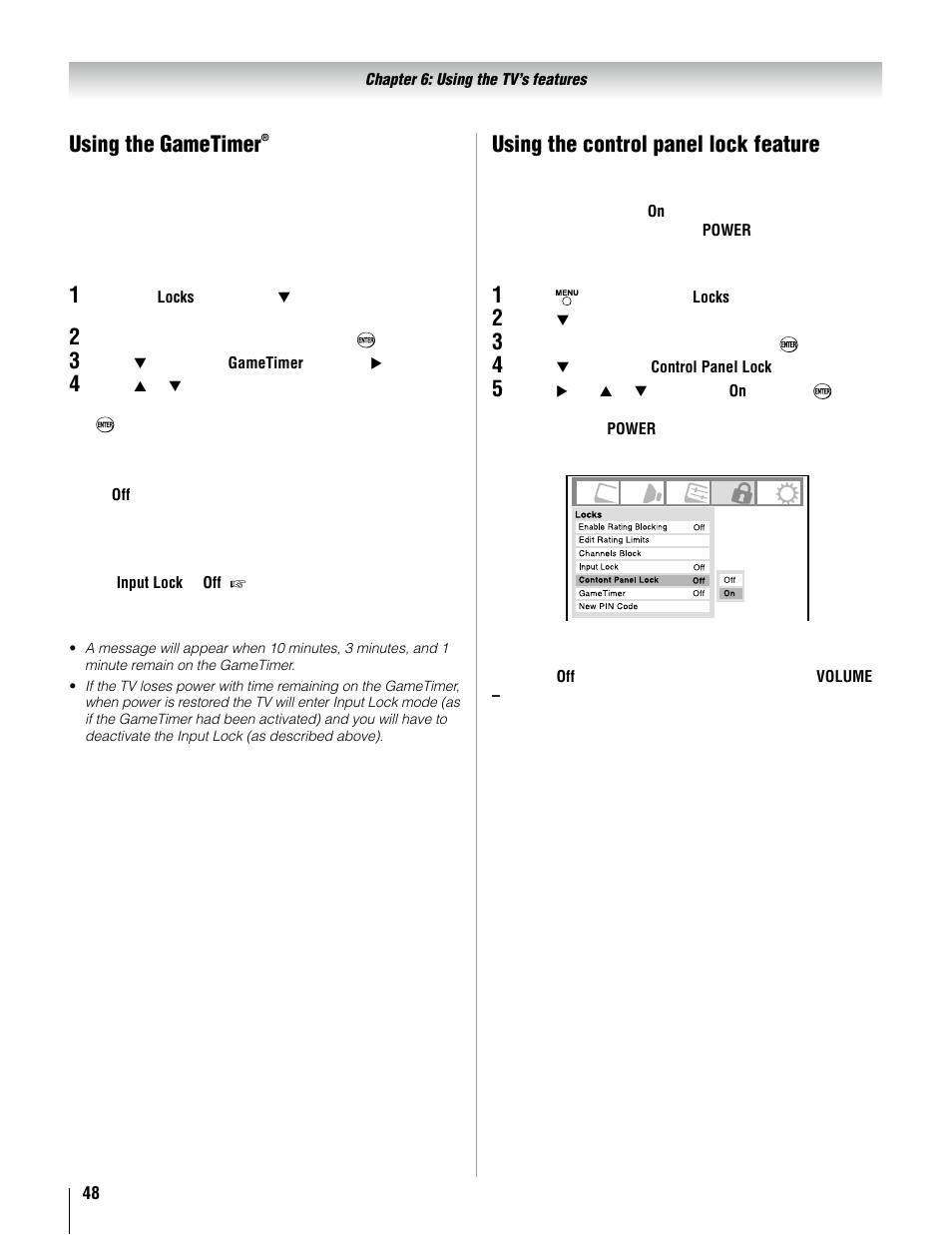 Using the gametimer, Using the control panel lock feature | Toshiba 37AV52U User Manual | Page 48 / 62