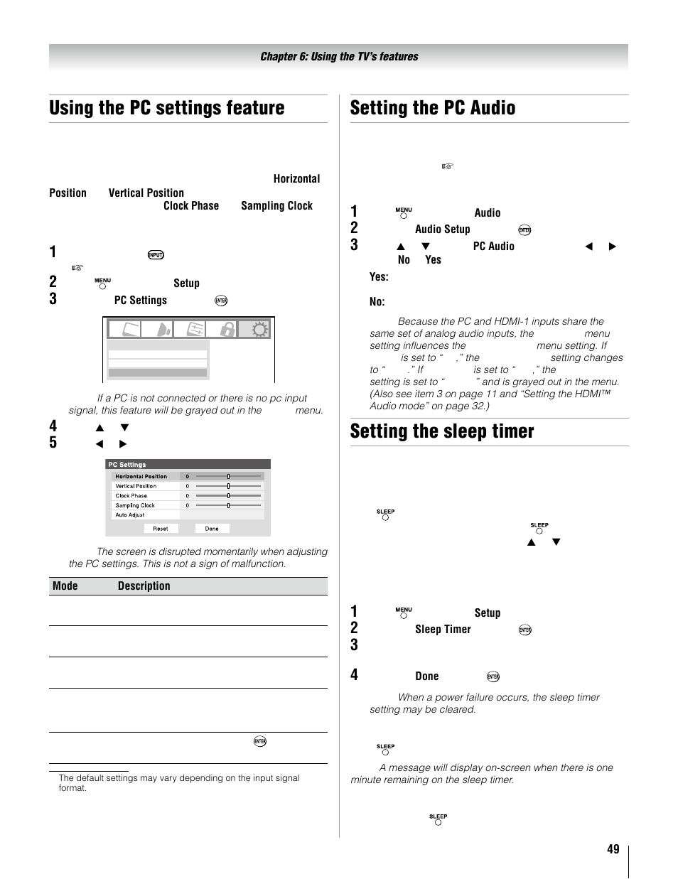 Using the pc settings feature, Setting the pc audio, Setting the sleep timer | Toshiba 37AV52U User Manual | Page 49 / 62