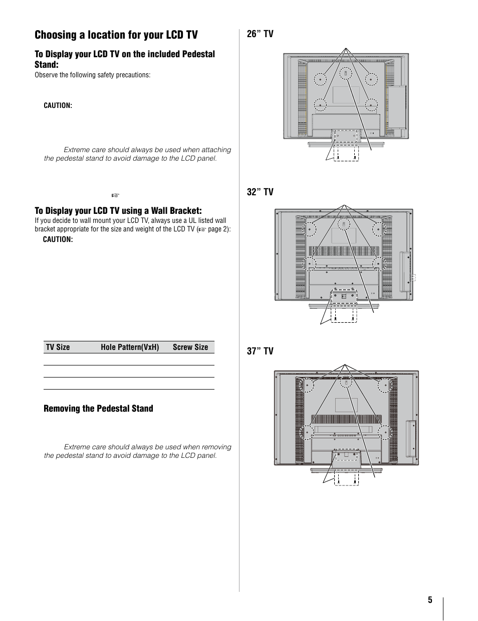 Choosing a location for your lcd tv | Toshiba 37AV52U User Manual | Page 5 / 62