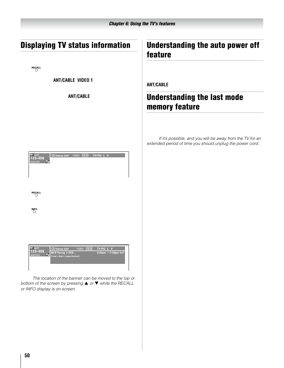 Displaying tv status information, Understanding the auto power off feature | Toshiba 37AV52U User Manual | Page 50 / 62