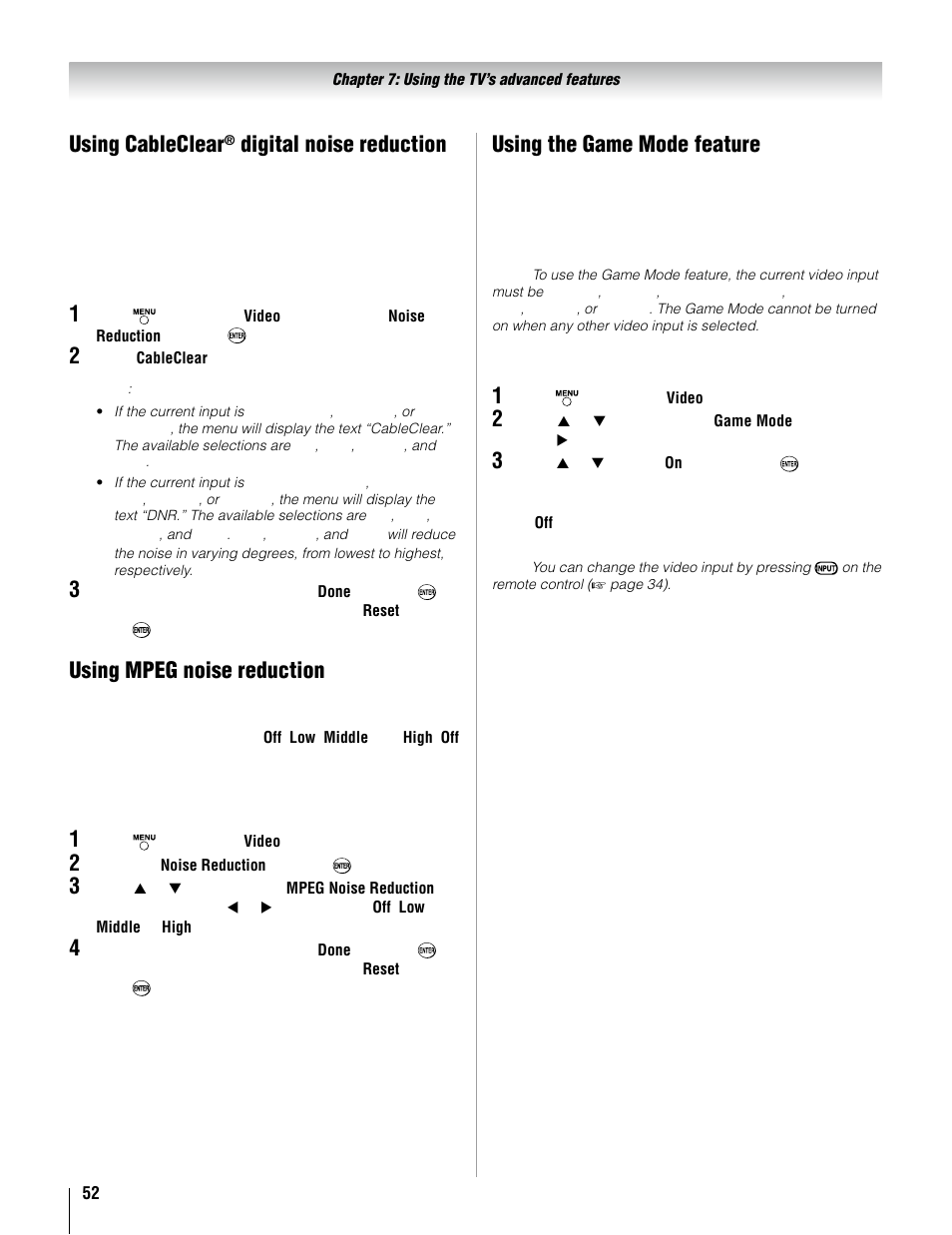 Using cableclear, Digital noise reduction, Using mpeg noise reduction | 1� � � � using the game mode feature | Toshiba 37AV52U User Manual | Page 52 / 62
