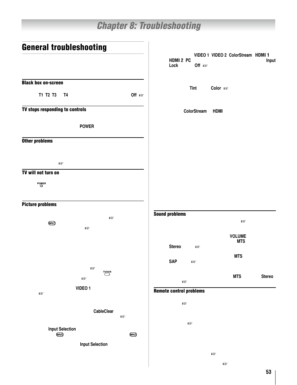 Chapter 8: troubleshooting, General troubleshooting | Toshiba 37AV52U User Manual | Page 53 / 62