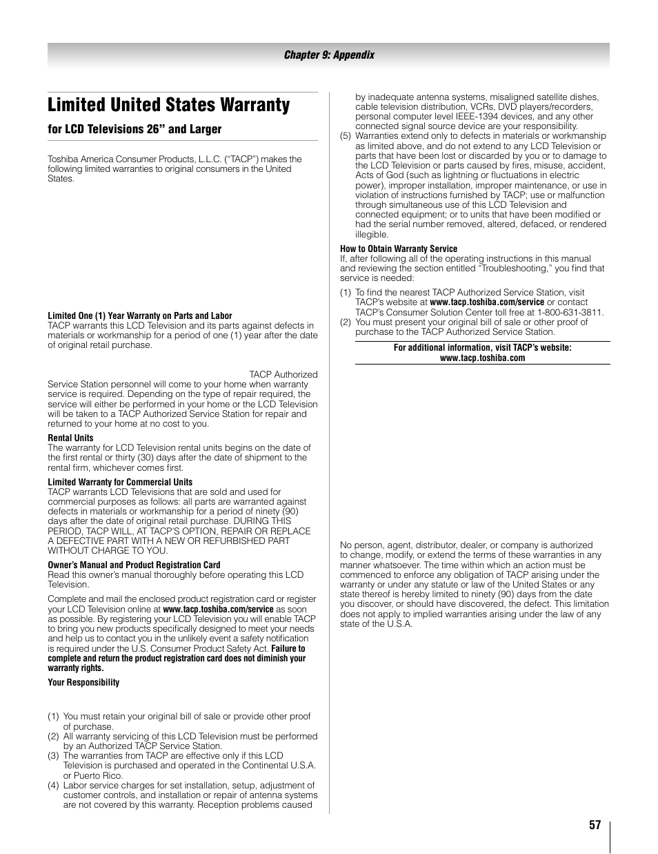 Limited united states warranty, For lcd televisions 26” and larger | Toshiba 37AV52U User Manual | Page 57 / 62