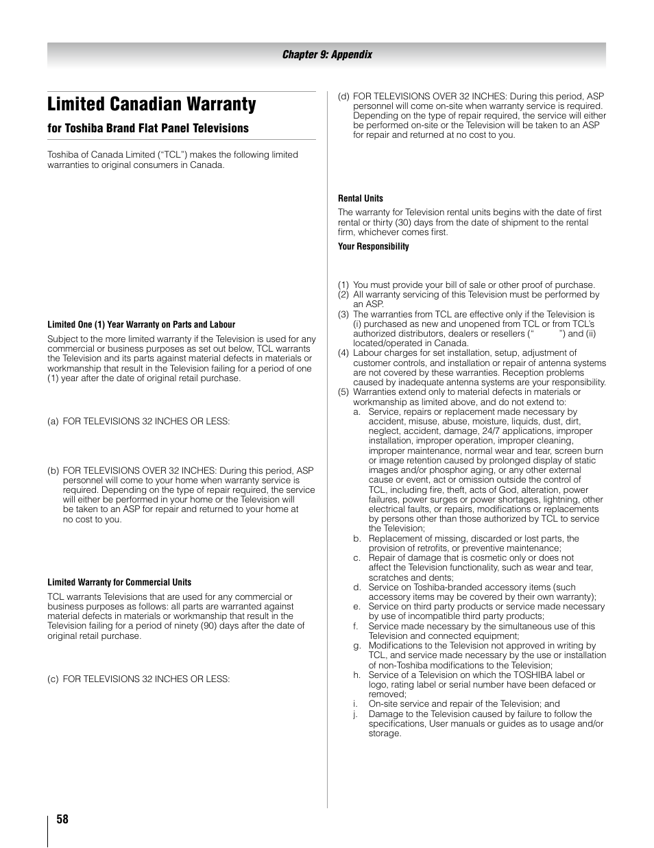 Limited canadian warranty, For toshiba brand flat panel televisions | Toshiba 37AV52U User Manual | Page 58 / 62