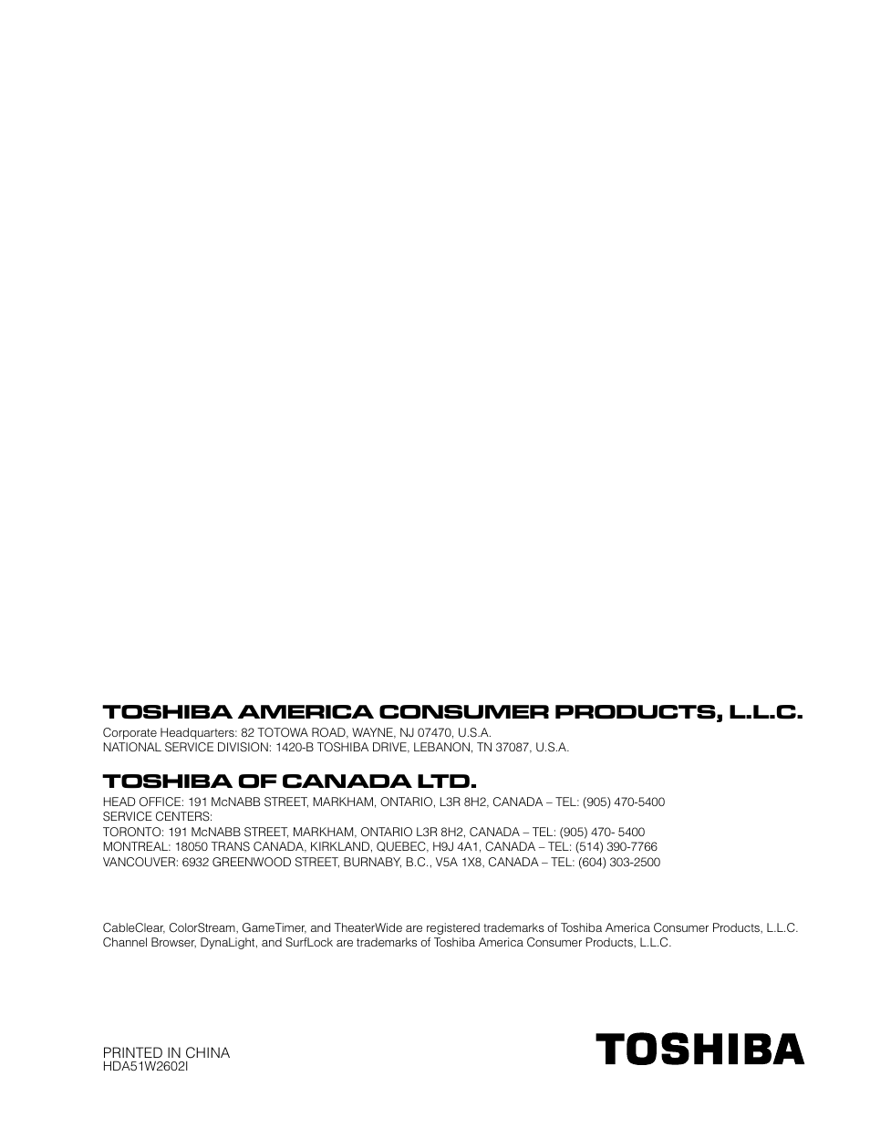 Toshiba america consumer products, l.l.c, Toshiba of canada ltd | Toshiba 37AV52U User Manual | Page 62 / 62