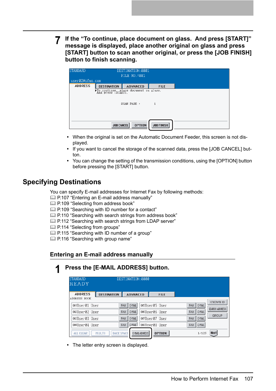 Specifying destinations, P.107 “specifying destinations | Toshiba ESTUDIO 3500C User Manual | Page 109 / 146
