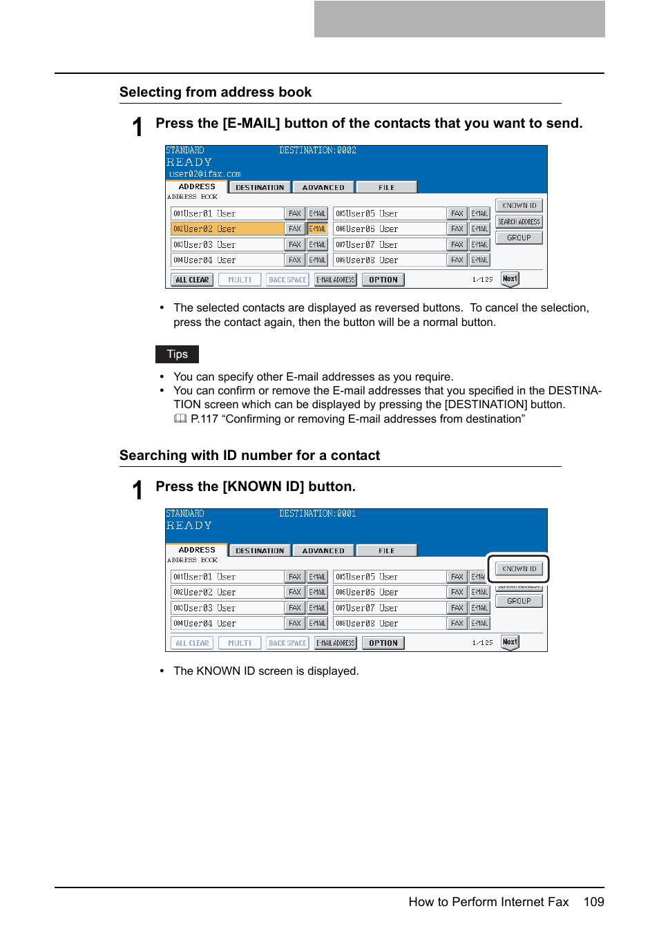 P.109 “selecting from address book, P.109 “searching with id number for a contact | Toshiba ESTUDIO 3500C User Manual | Page 111 / 146
