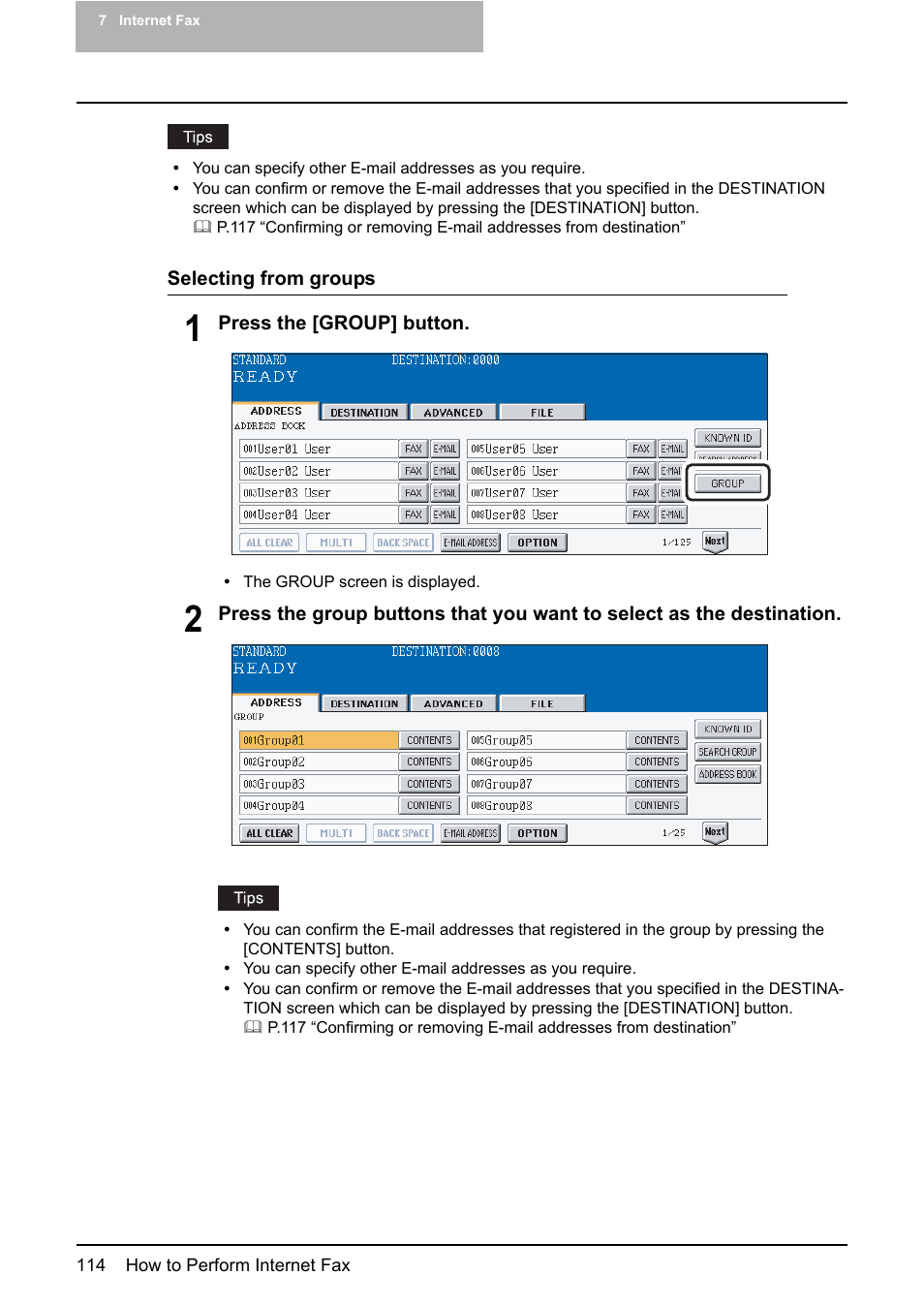 P.114 “selecting from groups | Toshiba ESTUDIO 3500C User Manual | Page 116 / 146