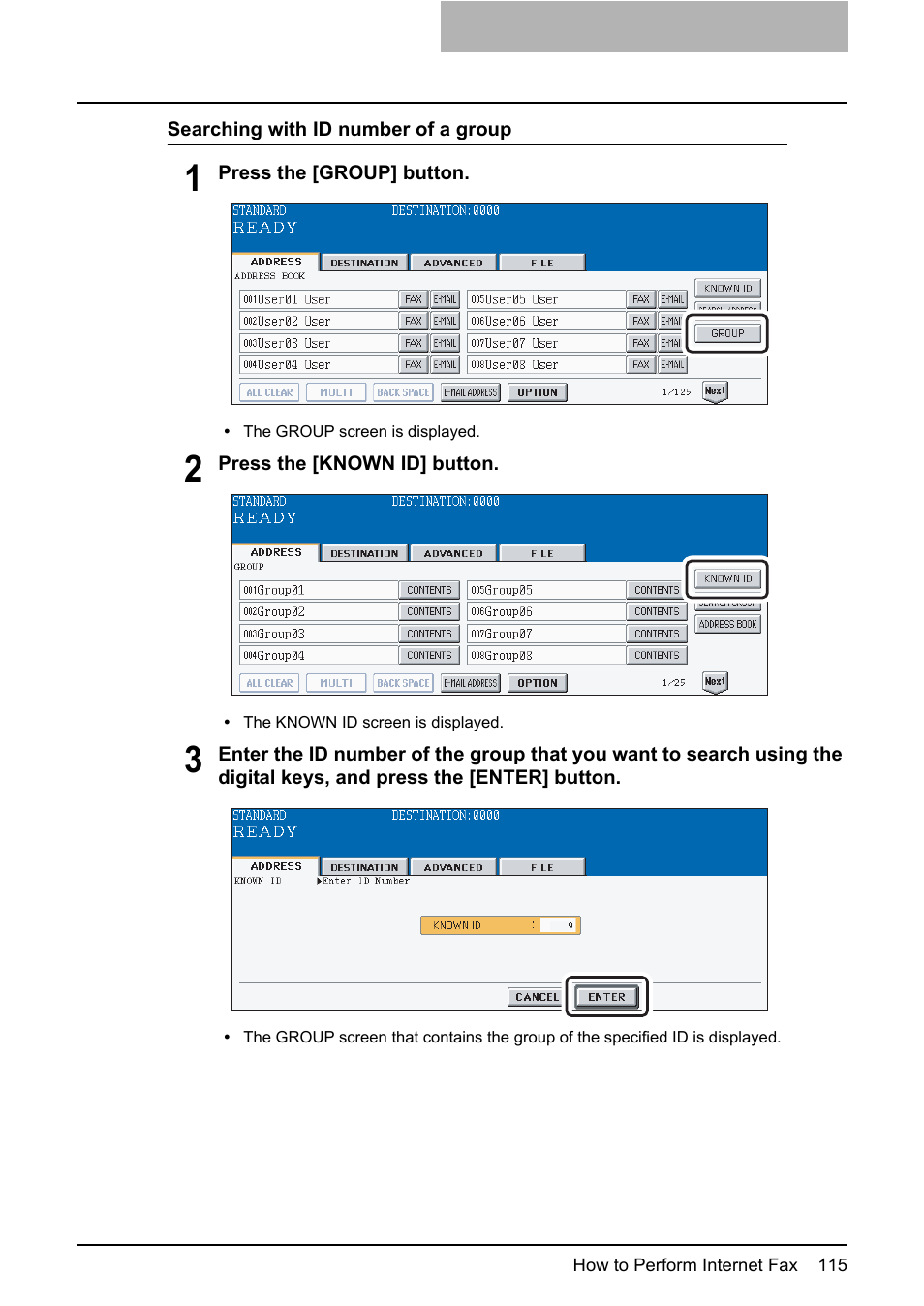 P.115 “searching with id number of a group | Toshiba ESTUDIO 3500C User Manual | Page 117 / 146