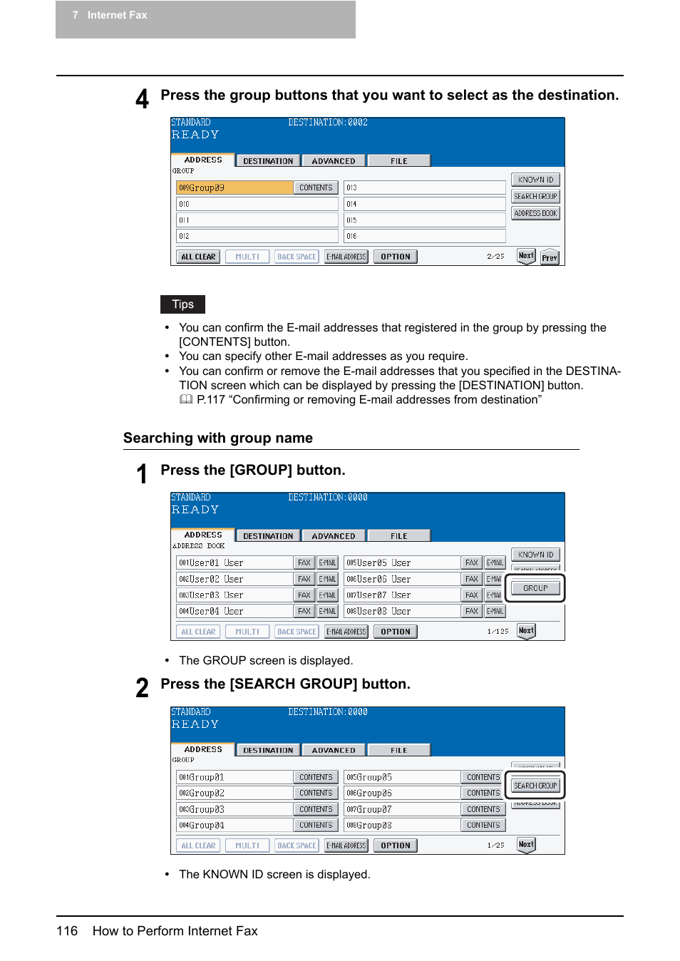 P.116 “searching with group name | Toshiba ESTUDIO 3500C User Manual | Page 118 / 146