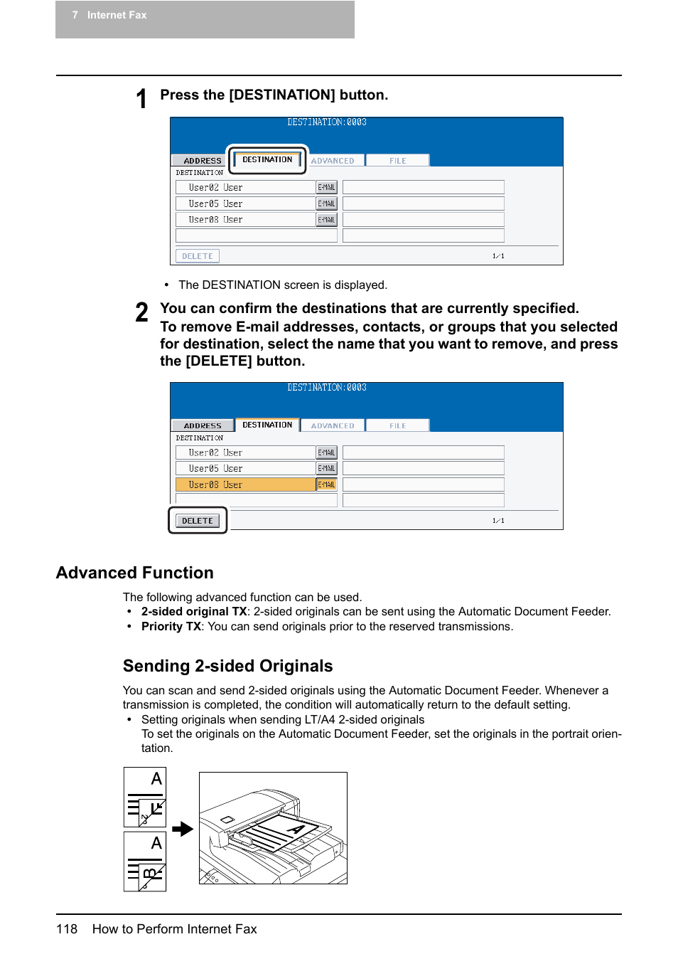 Advanced function, Sending 2-sided originals, P.118 “advanced function | Toshiba ESTUDIO 3500C User Manual | Page 120 / 146