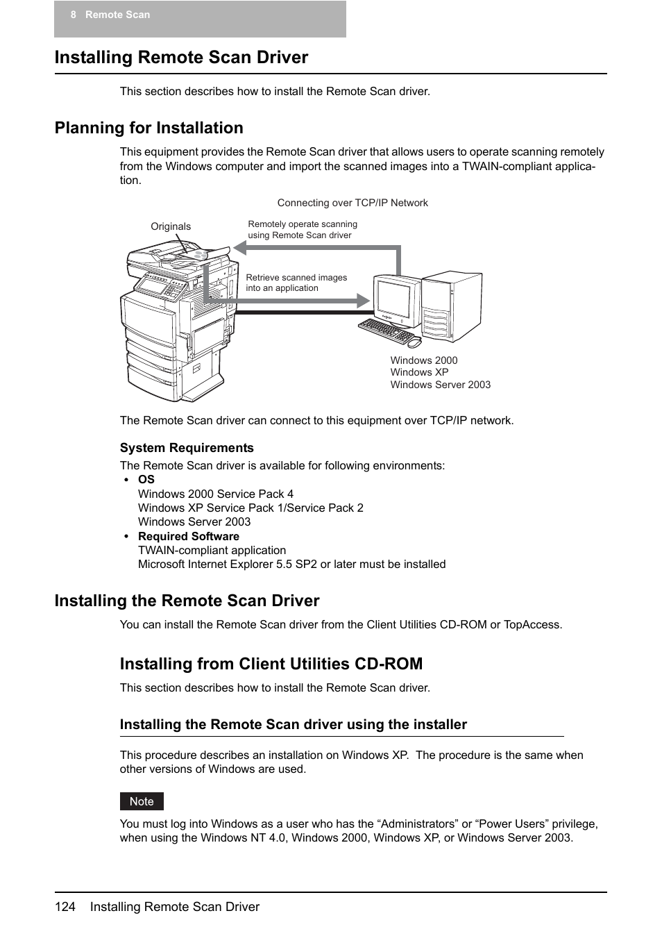 Installing remote scan driver, Planning for installation, Installing the remote scan driver | Installing from client utilities cd-rom | Toshiba ESTUDIO 3500C User Manual | Page 126 / 146