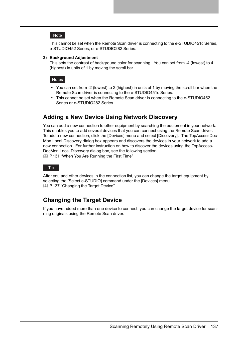 Adding a new device using network discovery, Changing the target device, P.137 “adding a new device using network discovery | P.137 “changing the target device | Toshiba ESTUDIO 3500C User Manual | Page 139 / 146