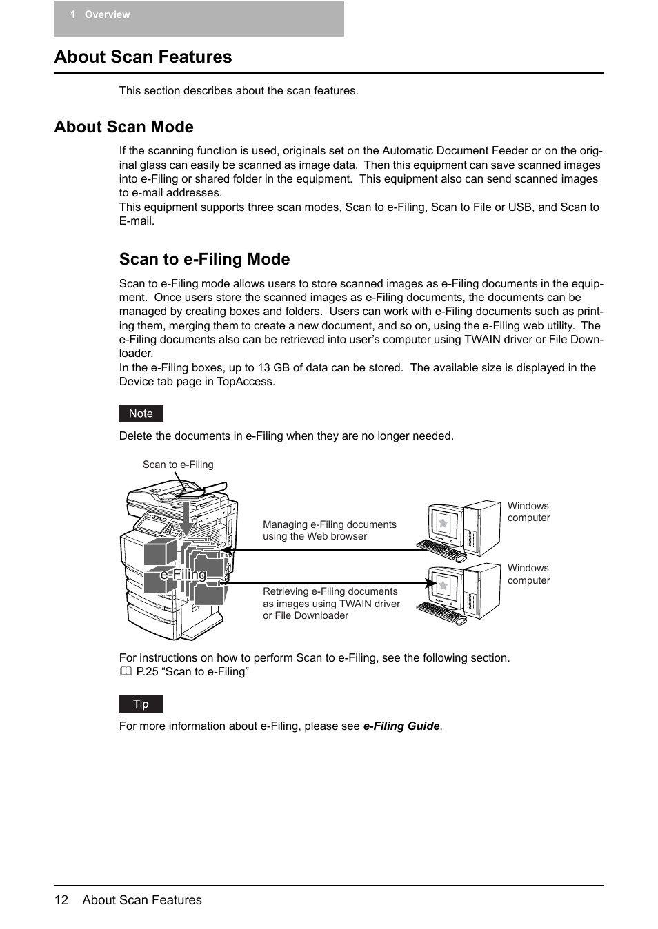 About scan features, About scan mode, Scan to e-filing mode | Toshiba ESTUDIO 3500C User Manual | Page 14 / 146