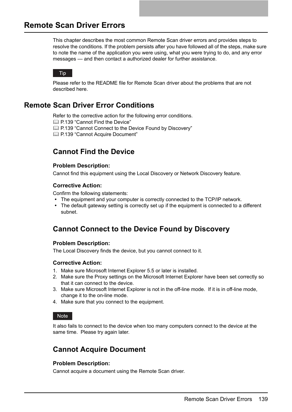 Remote scan driver errors, Remote scan driver error conditions, Cannot find the device | Cannot connect to the device found by discovery, Cannot acquire document | Toshiba ESTUDIO 3500C User Manual | Page 141 / 146
