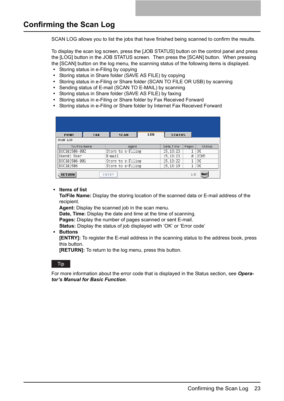 Confirming the scan log | Toshiba ESTUDIO 3500C User Manual | Page 25 / 146