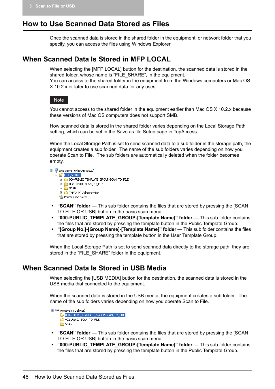 How to use scanned data stored as files, When scanned data is stored in mfp local, When scanned data is stored in usb media | Toshiba ESTUDIO 3500C User Manual | Page 50 / 146