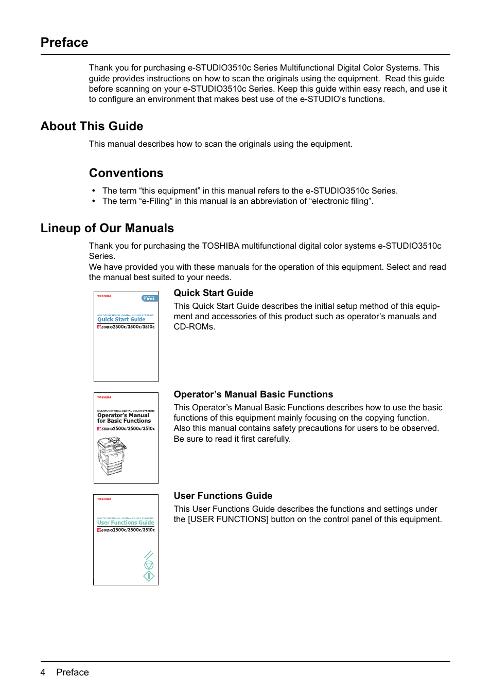 Preface, About this guide, Conventions | Lineup of our manuals | Toshiba ESTUDIO 3500C User Manual | Page 6 / 146