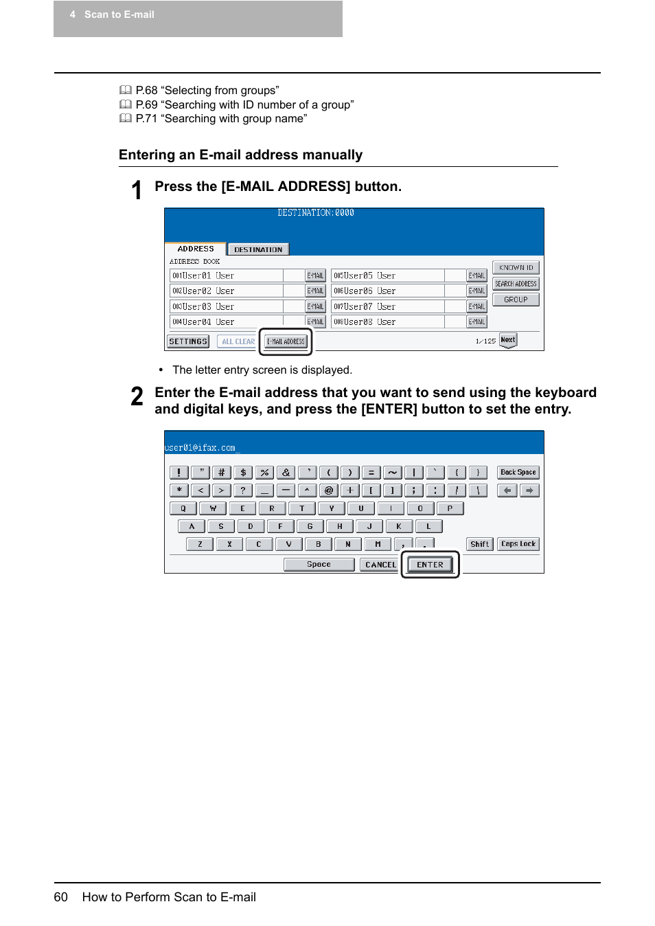 P.60 “entering an e-mail address manually | Toshiba ESTUDIO 3500C User Manual | Page 62 / 146