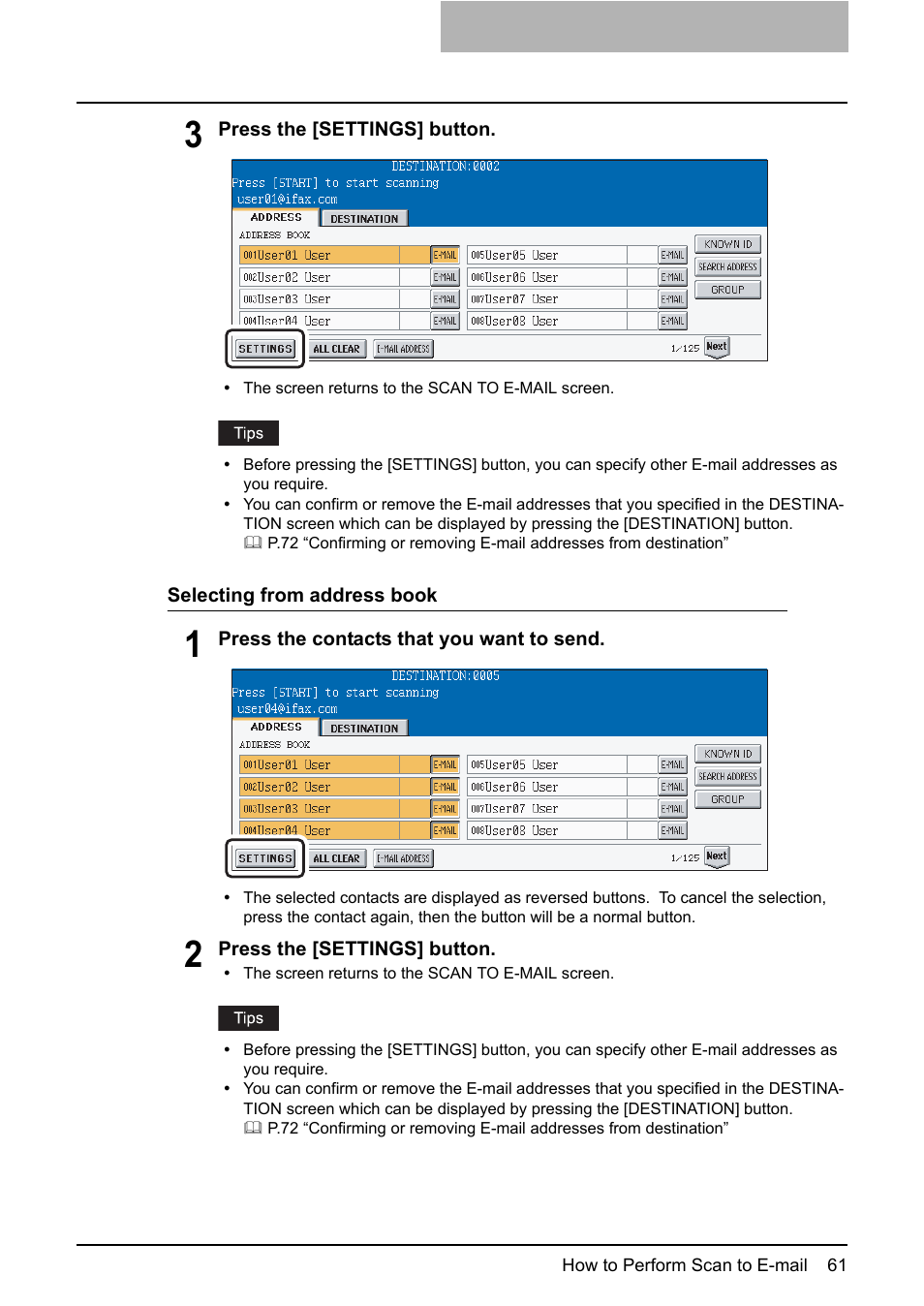 P.61 “selecting from address book | Toshiba ESTUDIO 3500C User Manual | Page 63 / 146