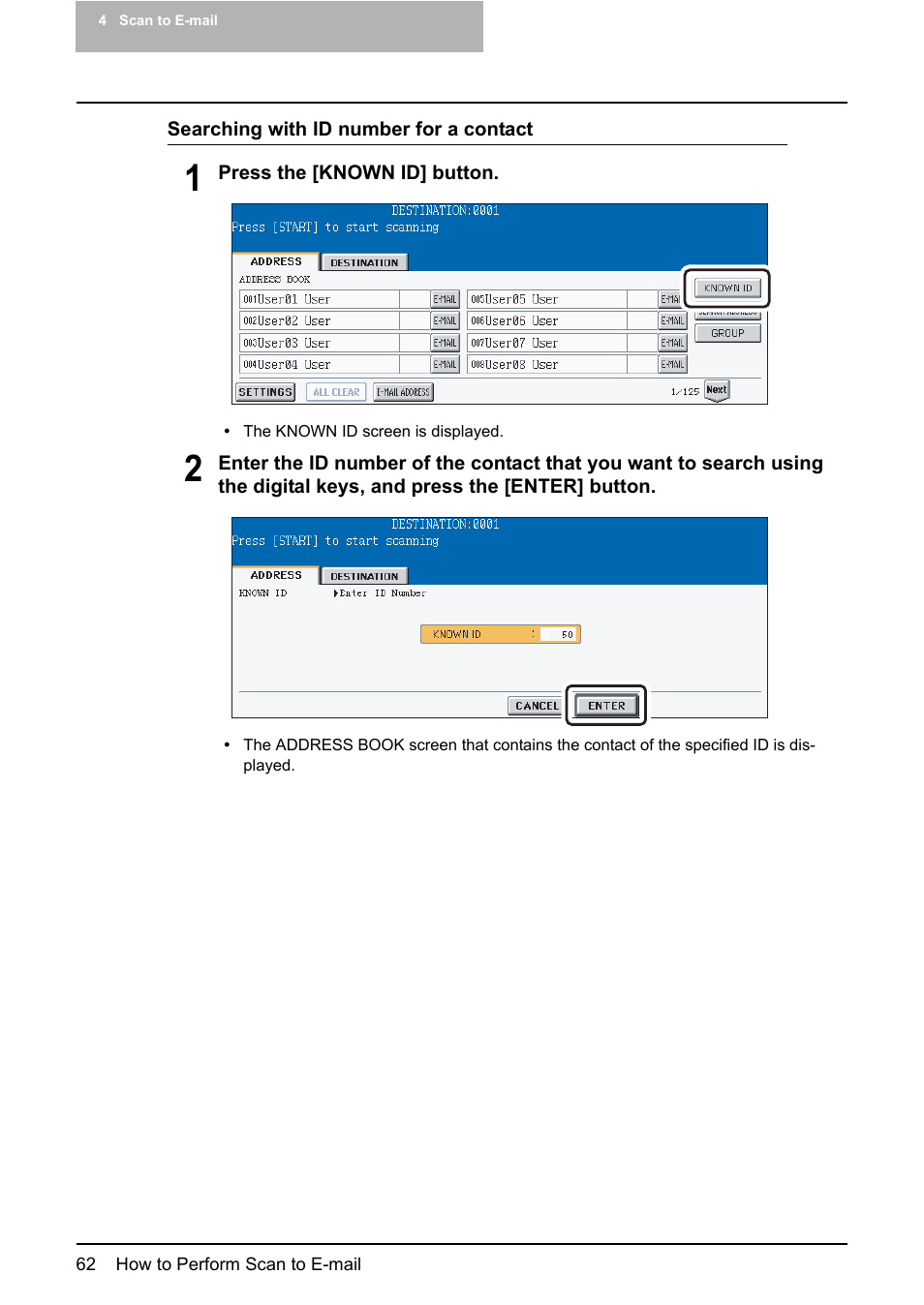 P.62 “searching with id number for a contact | Toshiba ESTUDIO 3500C User Manual | Page 64 / 146