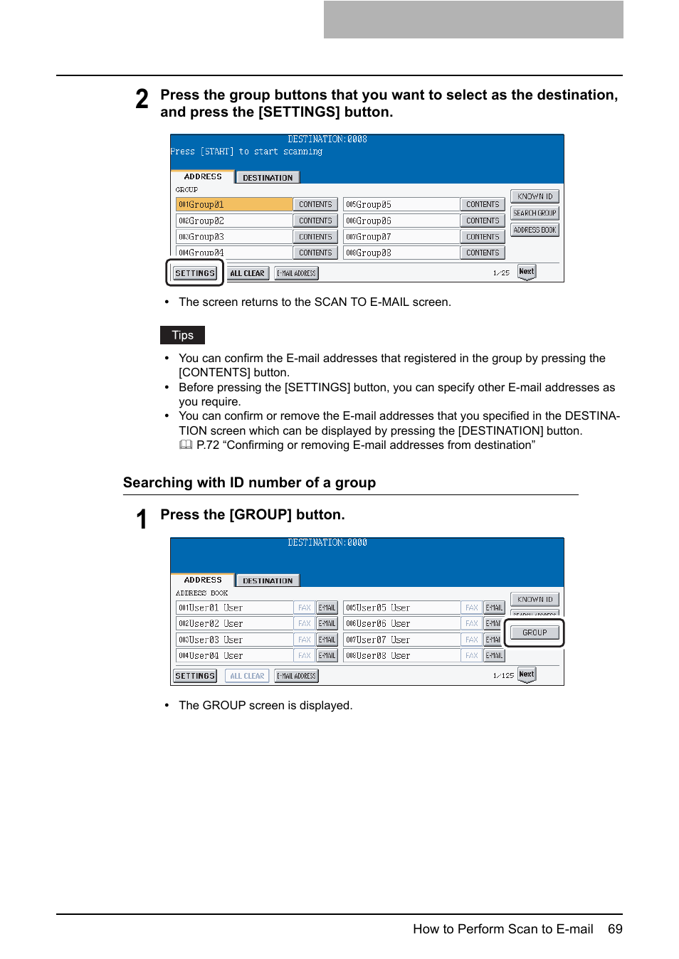 P.69 “searching with id number of a group | Toshiba ESTUDIO 3500C User Manual | Page 71 / 146