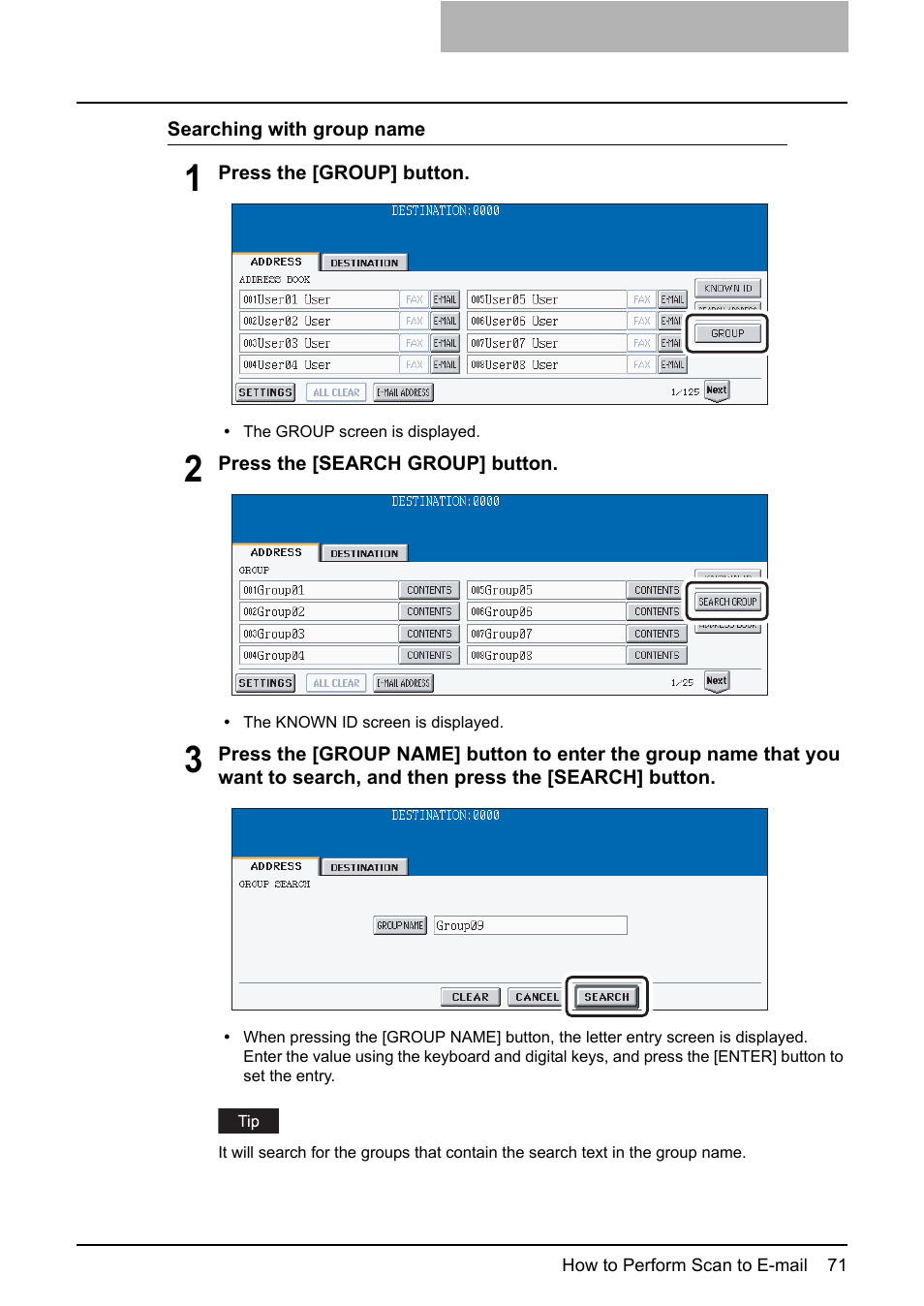 P.71 “searching with group name | Toshiba ESTUDIO 3500C User Manual | Page 73 / 146